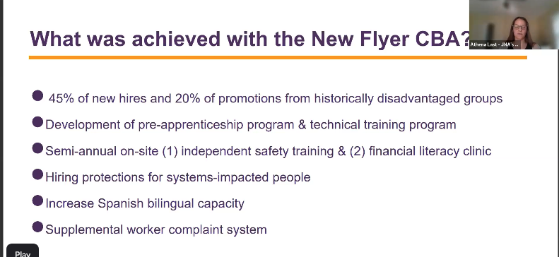 Screenshot from EARNTalk zoom with on-screen text headline that reads "What was achieved with New Flyer CBA?" followed by bullet points outlining the key highlights. The presenter can be seen in the corner of the screen.