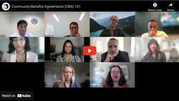 Screenshot of webinar participants on zoom, with the title "Community Benefits Agreements (CBA) 101" in the top left-hand corner of the screen and a red and white play button overlaid in the middle.
